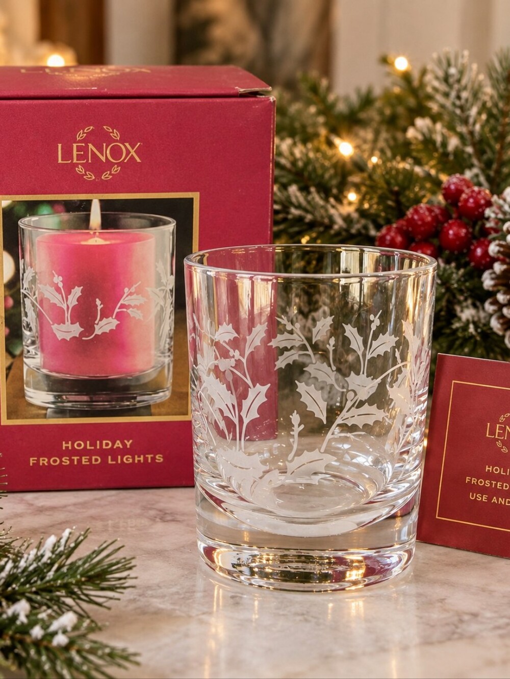 Lenox Holiday Frosted Lights Glass Votive Candle Holder Holly Etched w/ Box